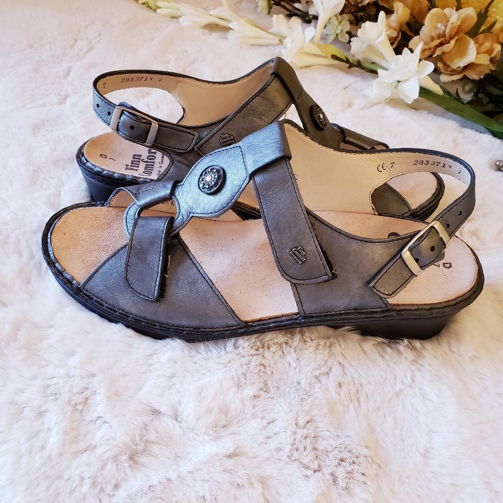 FINN COMFORT Adana Pewter Corten Leather T Strap Sling Silver Sandal Women US9.5 - Picture 8 of 16